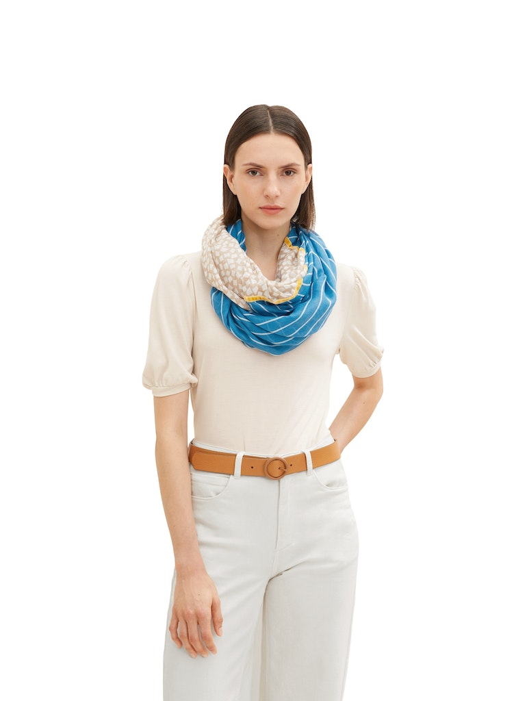 printed loop scarf with tape, beige geometric design