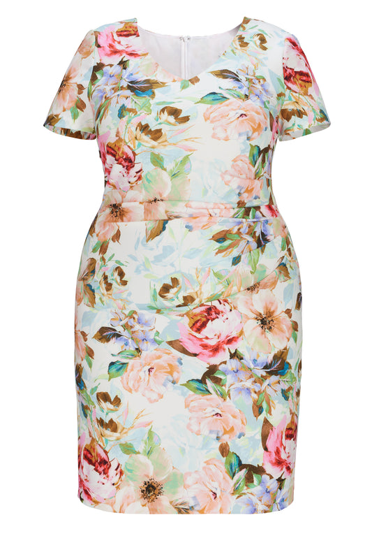 Curve / Etui Kleid aus leichtem Scuba mit Blumendruck und Drapierung
