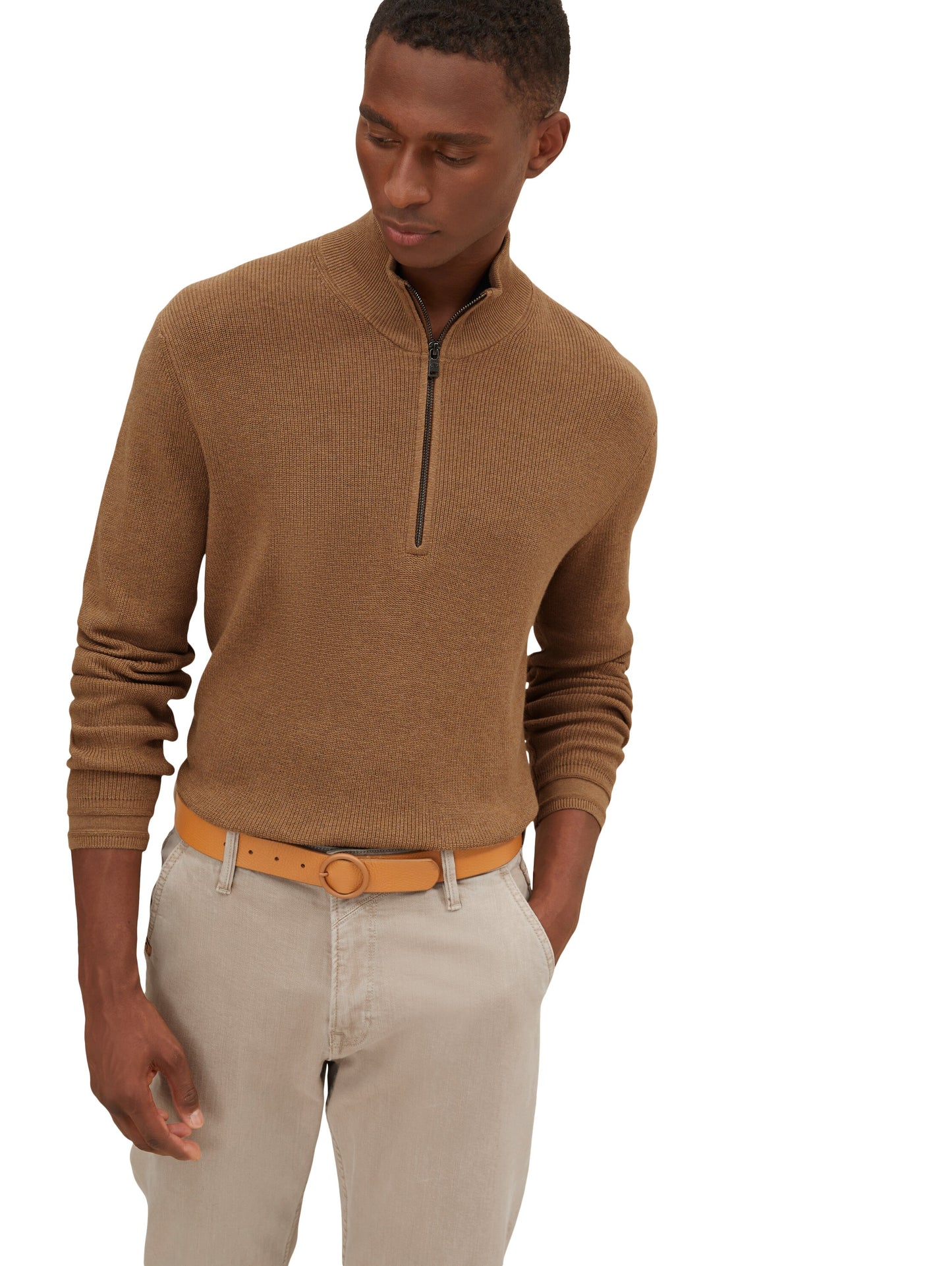 knitted zip troyer, havana brown melange